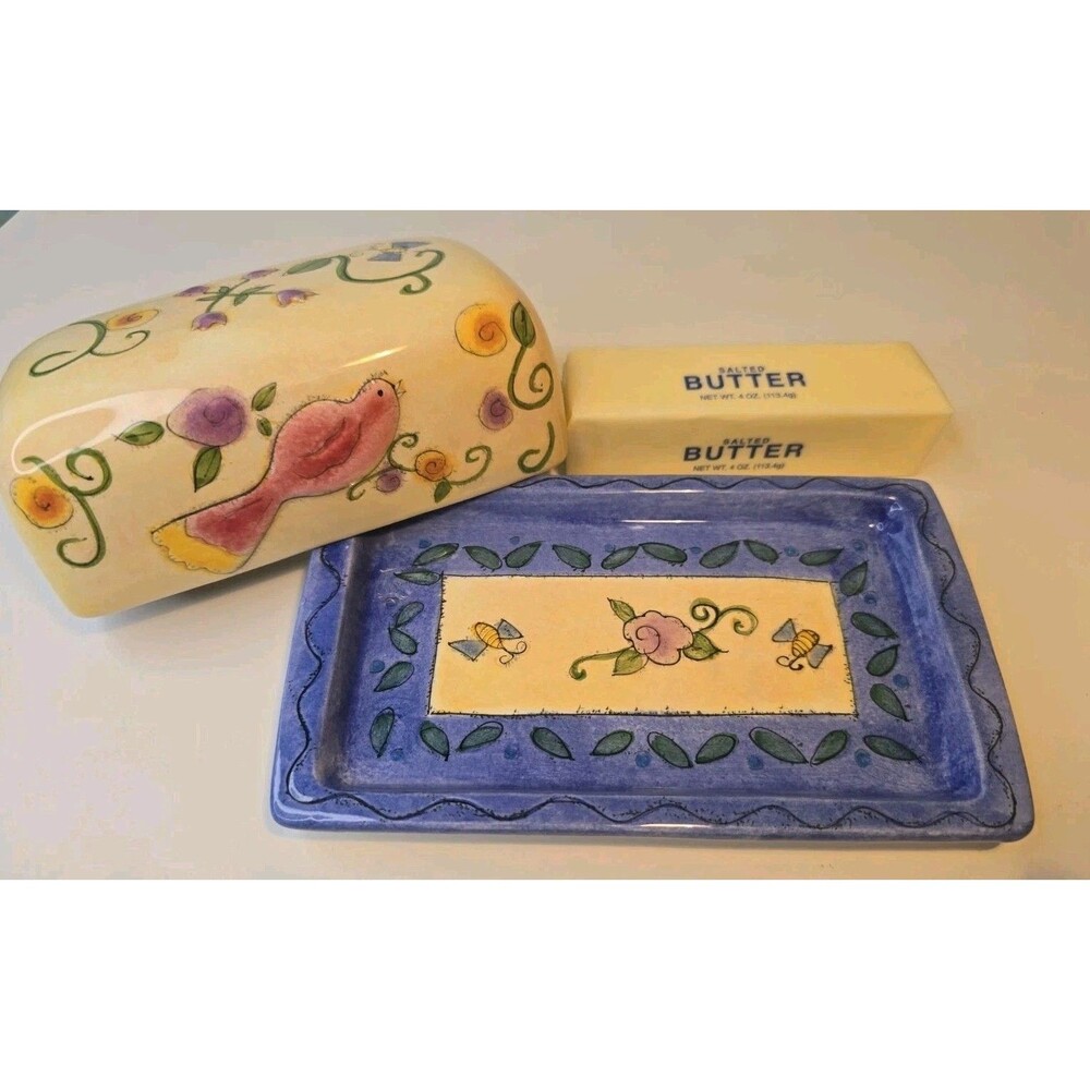 Sango"Birds And The Bees" Sue Zipkin Colorful Ceramic Covered Butter Dish Keeper